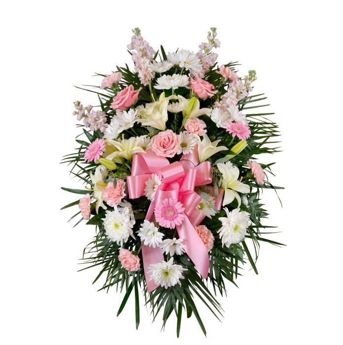 Pink and white funeral flower standing spray